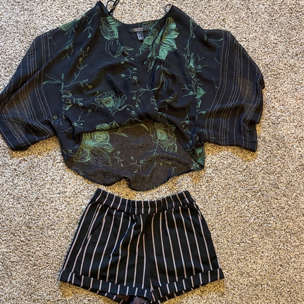 Forever 21 Black Top with Green Floral and Striped Shorts